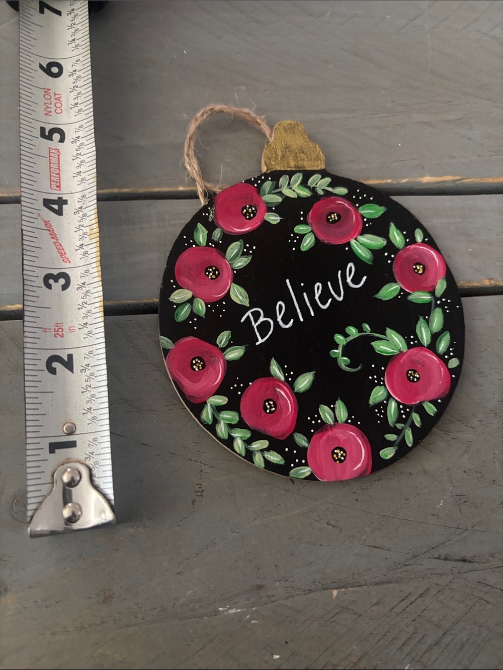 Believe Floral Holiday Ornament - Black and Pink